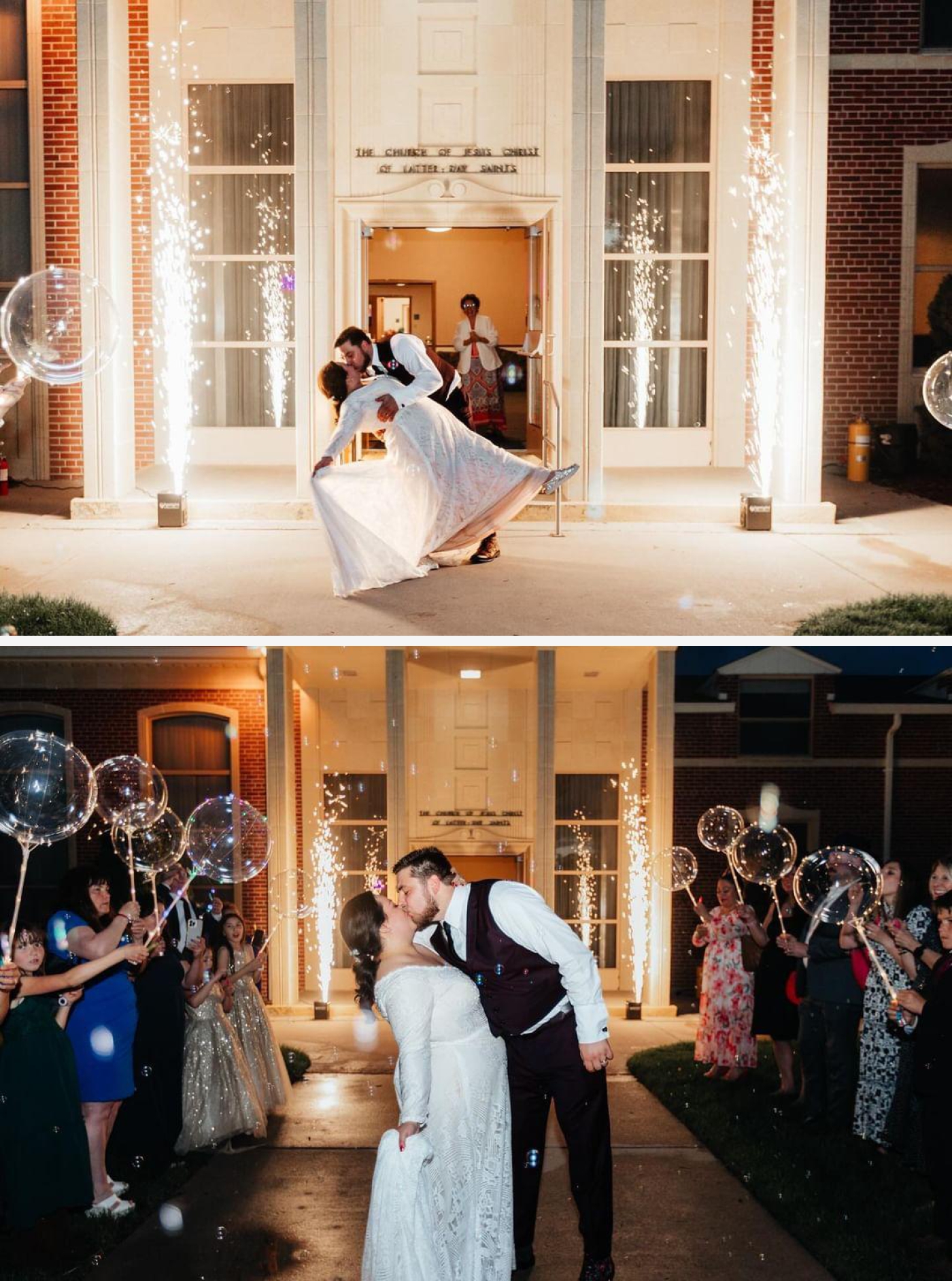Couple exiting their wedding at the LDS church in Denver with cold sparklers and balloons.