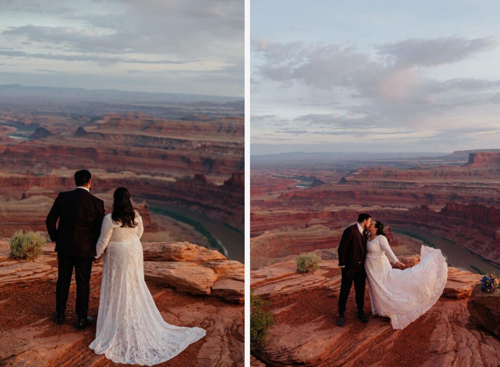 A couple on their wedding day holding hands overlooking Dead Horse Point State Park