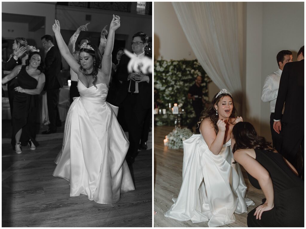 Bride dancing and singing during wedding reception at Knotting Hill Place. 