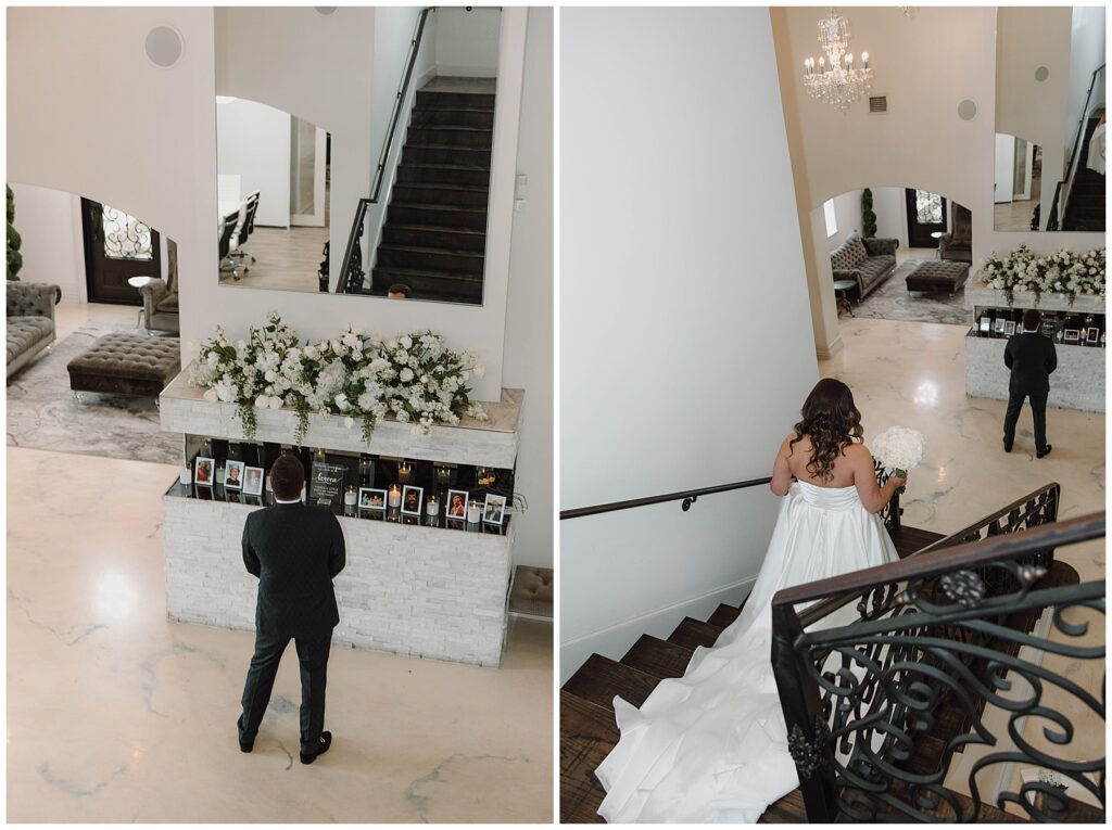 Bride coming down stairs for First Look with groom on their wedding day at Knotting Hill Place