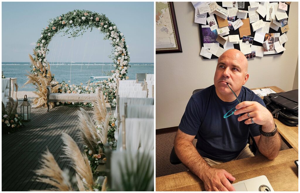 Wedding ceremony space on a beach with circular flower arch and pampas grass decor. 