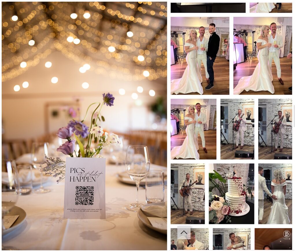 screenshot of Never Miss Moments wedding photo sharing app with pictures of bride and groom, wedding musician, and wedding cake