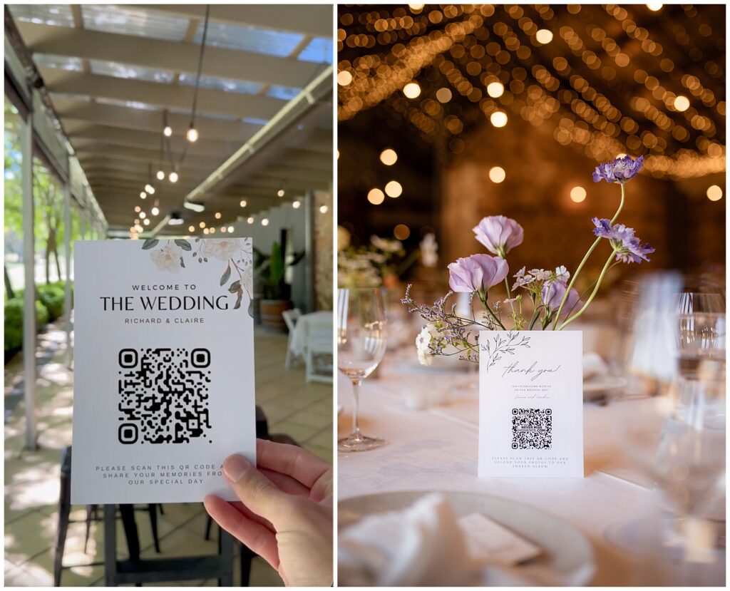 Small sign with QR code on wedding reception table in front of purple flower centerpiece