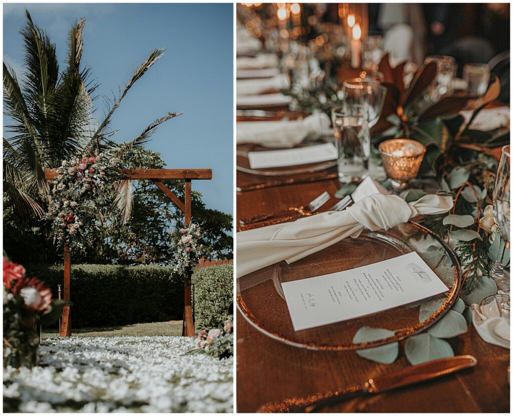 wedding tablescape on a wooden table with clear chargers with gold trim, a cream napkin and eucalyptus branches