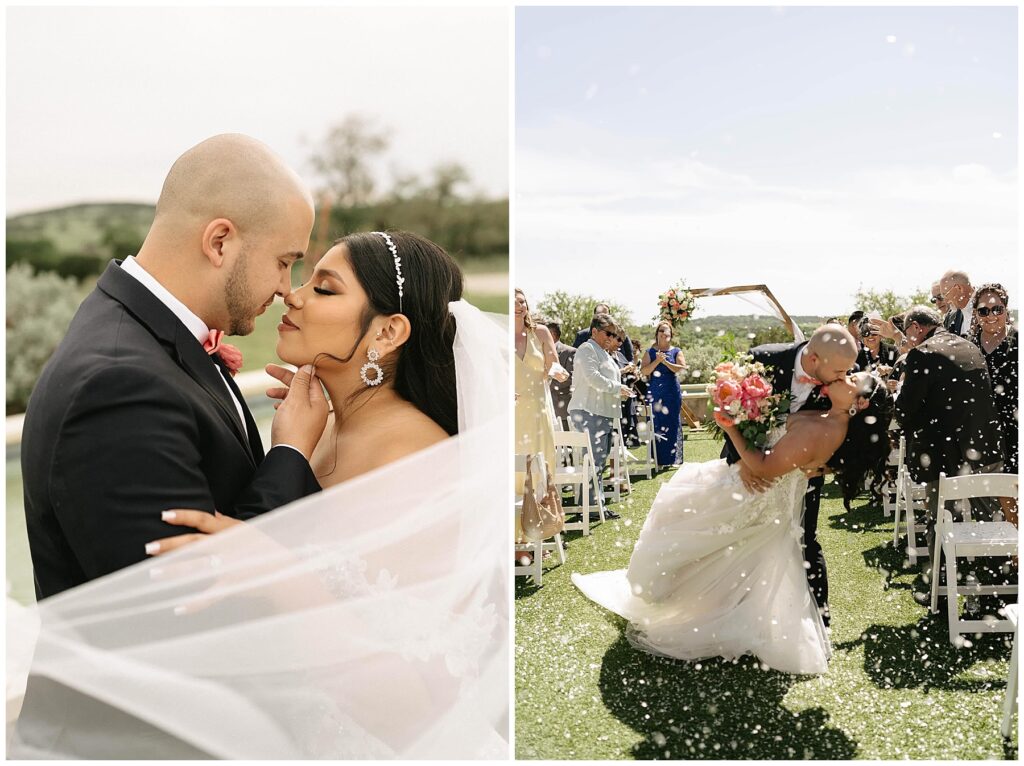 groom dipping bride during wedding ceremony recessional while guests throw confetti at camp hideaway