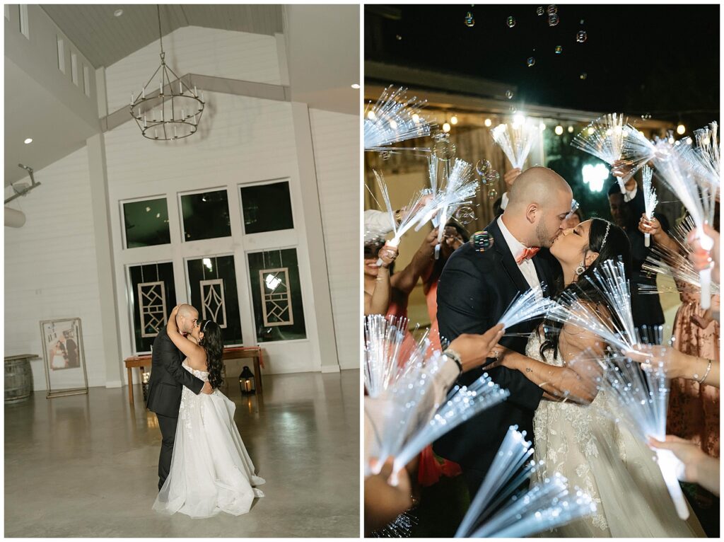 bride and groom surrounded by guests holding fiber optic wands at their camp hideaway wedding