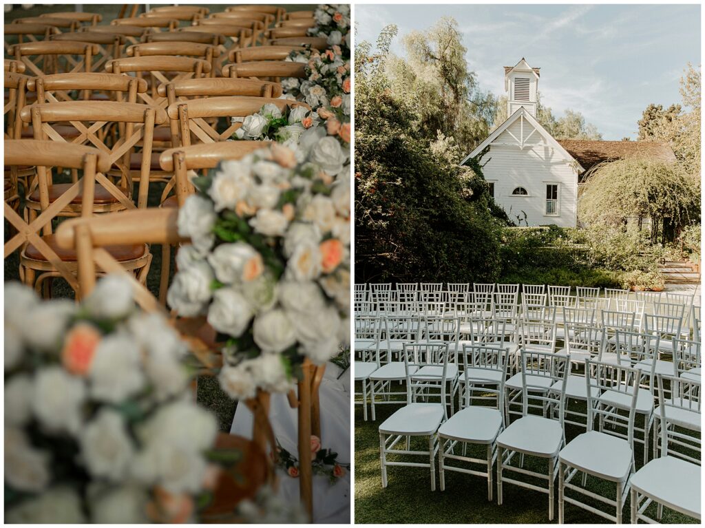 wedding ceremony space with white chairs arranged in a semi circle and chapel in background