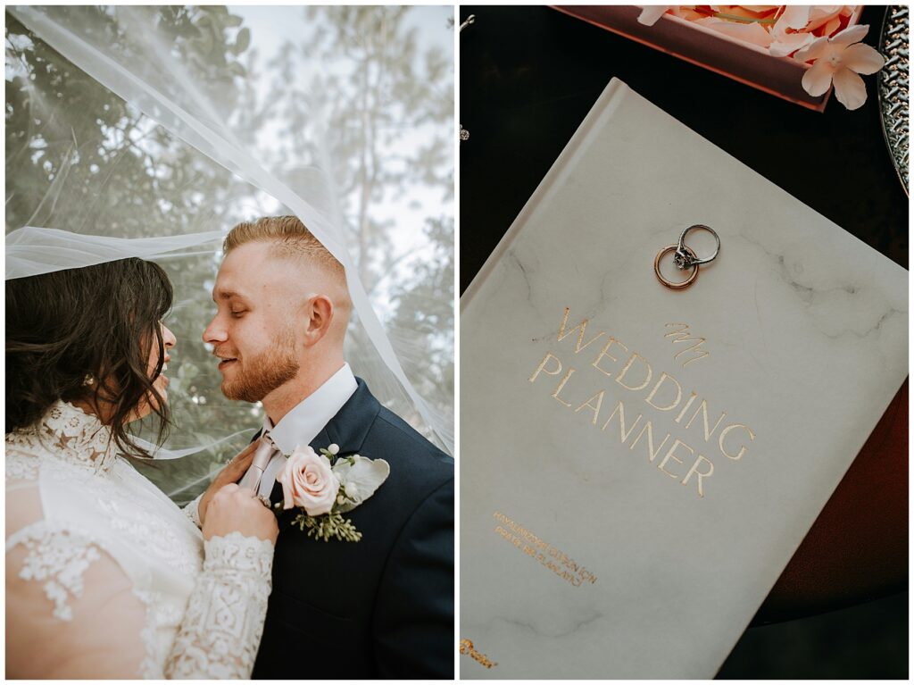 white marble book titled "my wedding planner" with wedding rings on top