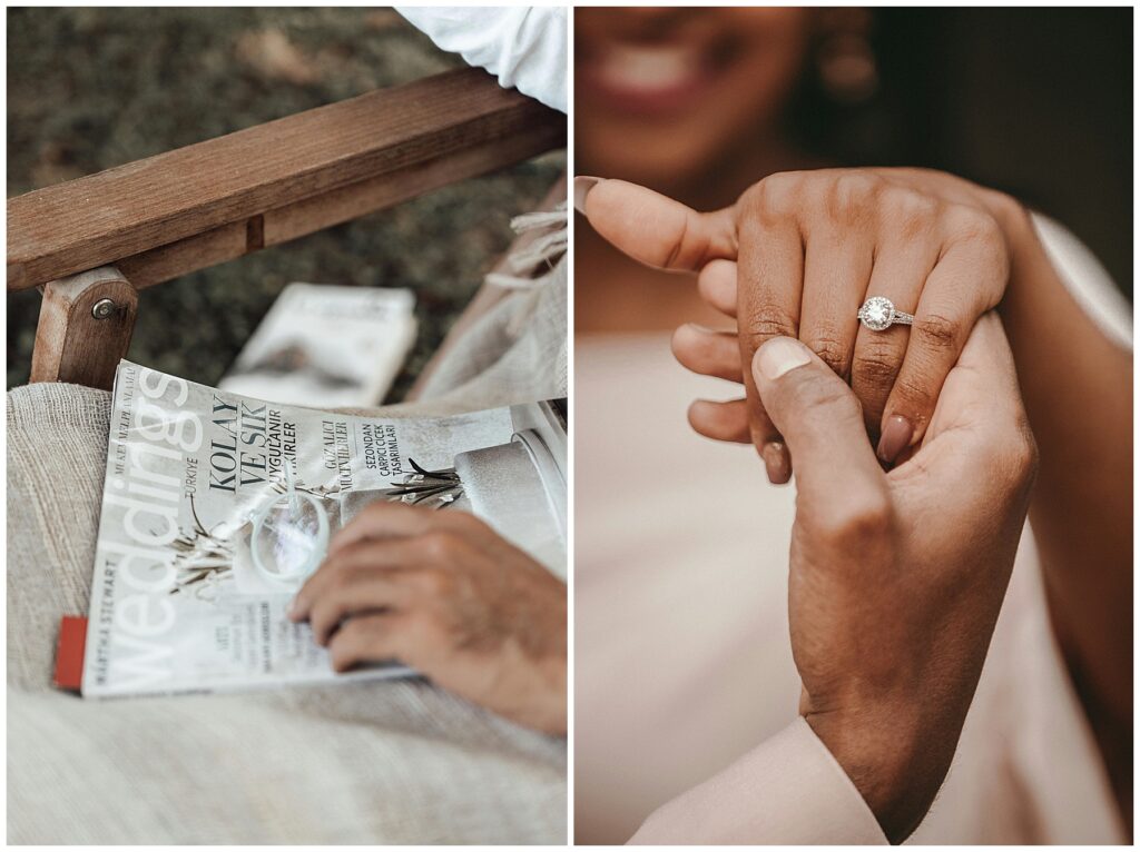 person sitting in chair with wedding magazine closed on their lap