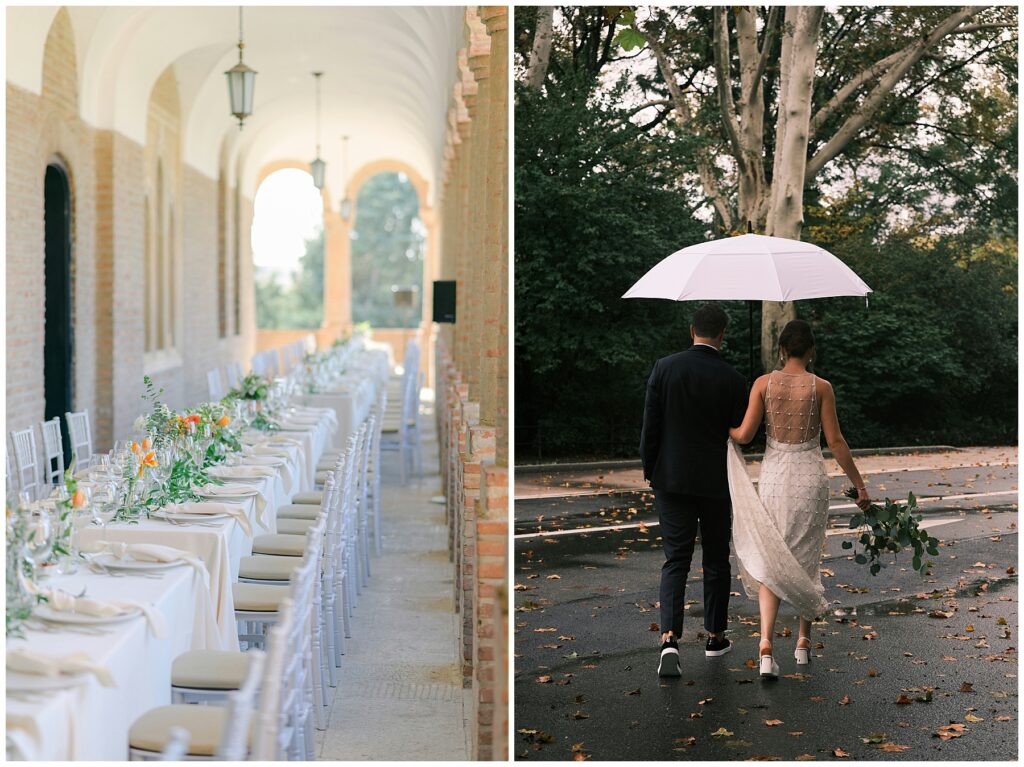 Bride and groom crossing street under an umbrella