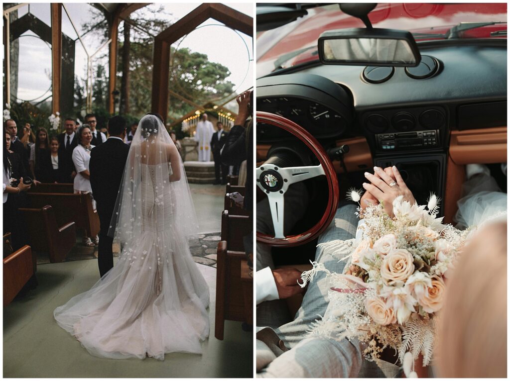 Bride wearing blush dress and white floral veil walking down aisle with man