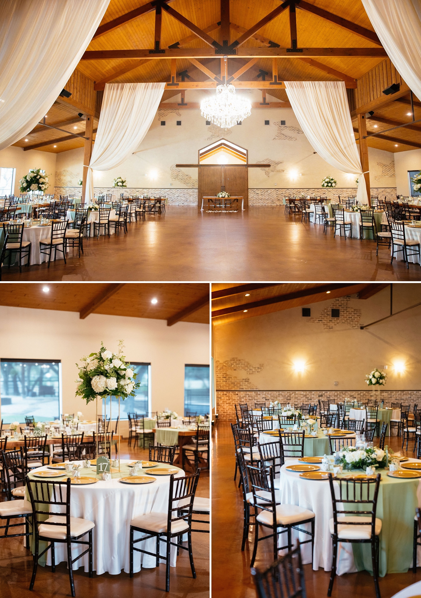 Sage green and white wedding reception decor with tall floral centerpieces