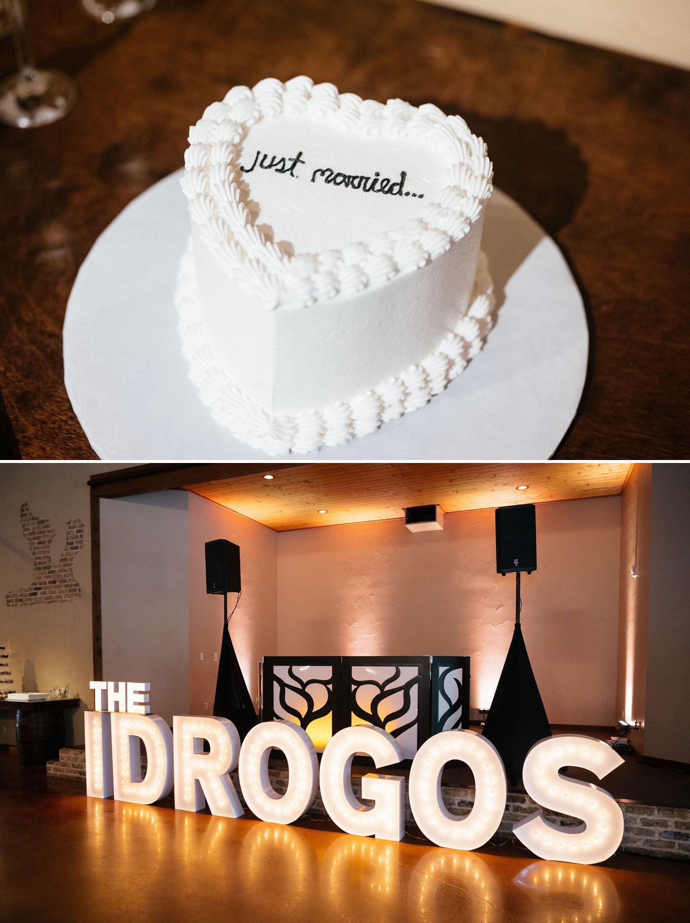 Large wedding neon sign in front of the DJ booth spelling out "The Idrogos" 