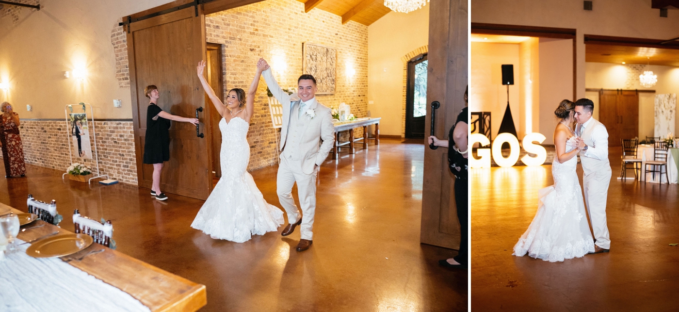 Bride and groom making their grand entrance into wedding reception 