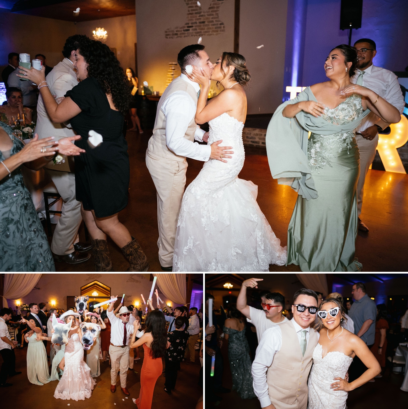 Bride and groom posing for camera, each wearing sunglasses that say "M&D" " 9.14.24"