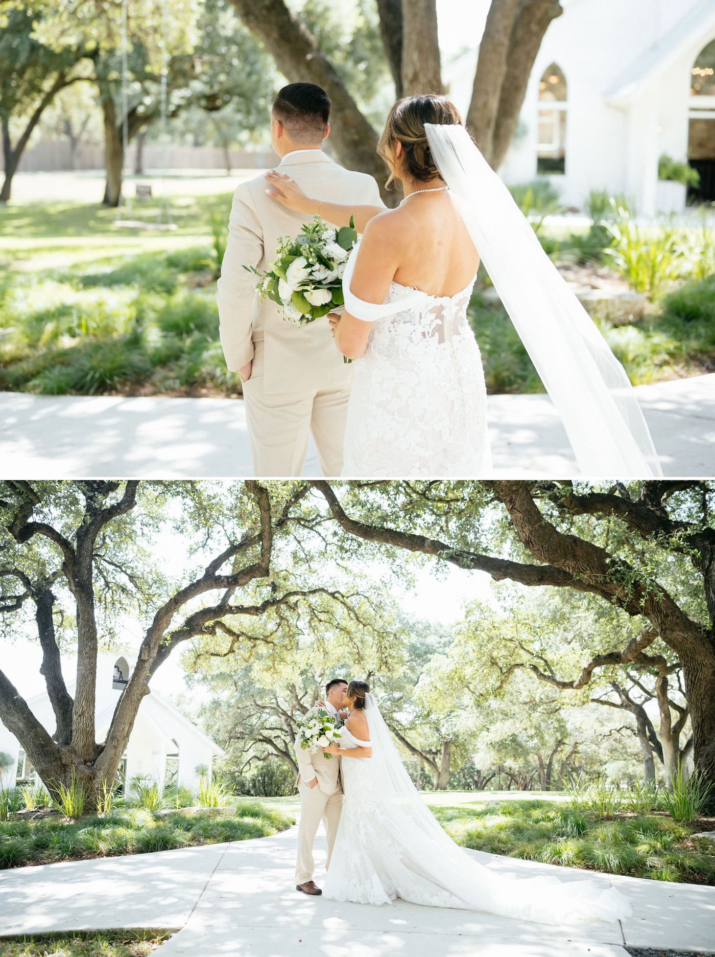 Wedding Day First Look at Chandelier of Gruene