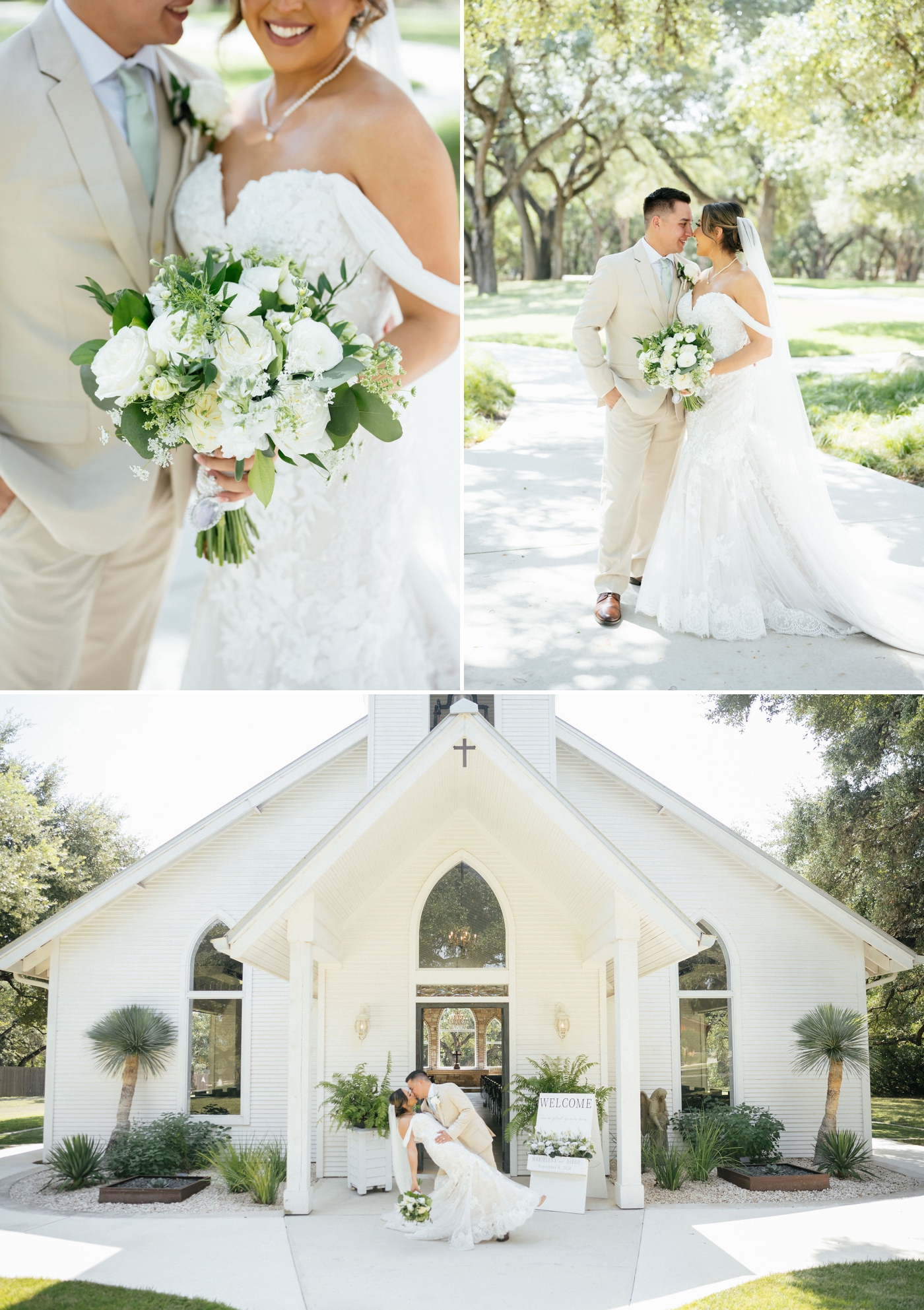 Bride and groom kissing in front of the chapel at Chandelier of Gruene