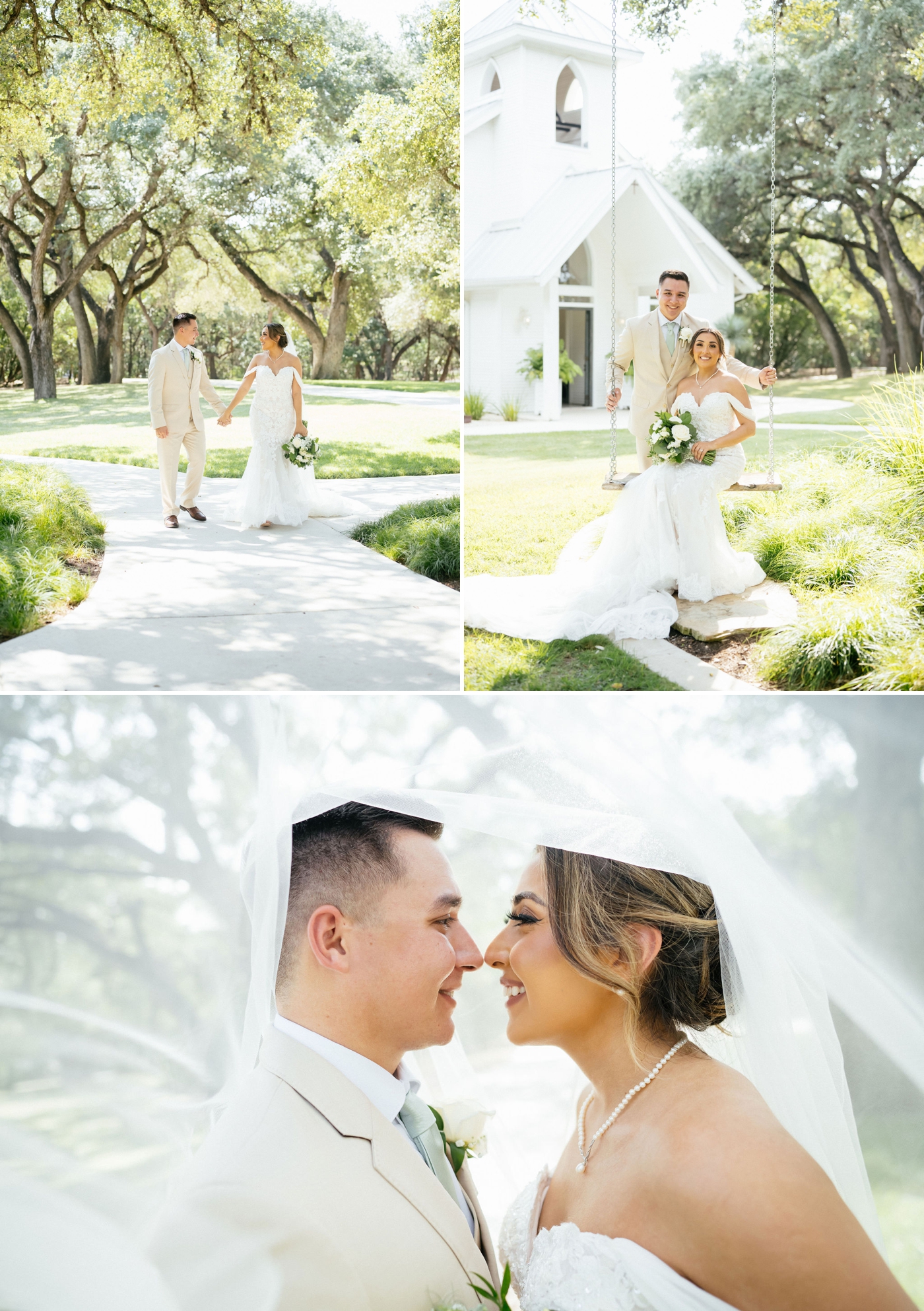 Bride and groom smiling at each other under bride's veil 