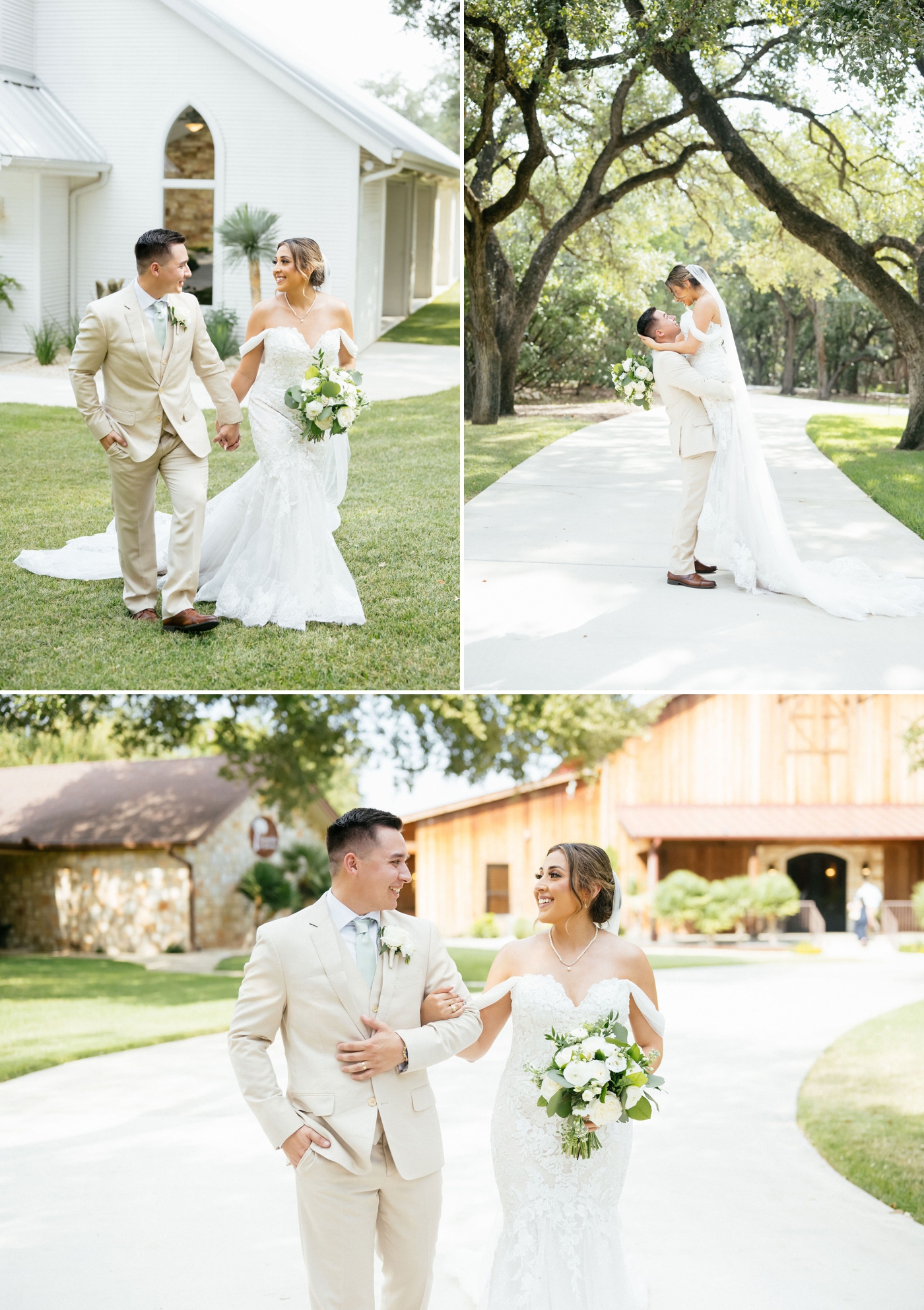 Bride and groom walking hand in hand away from a small white chapel 
