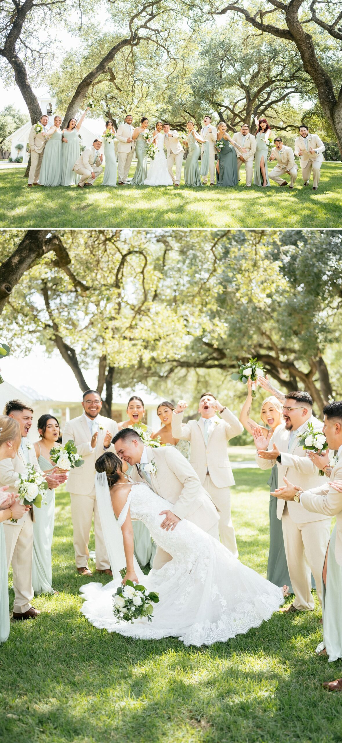 Bride and groom kissing surrounded by cheering wedding party