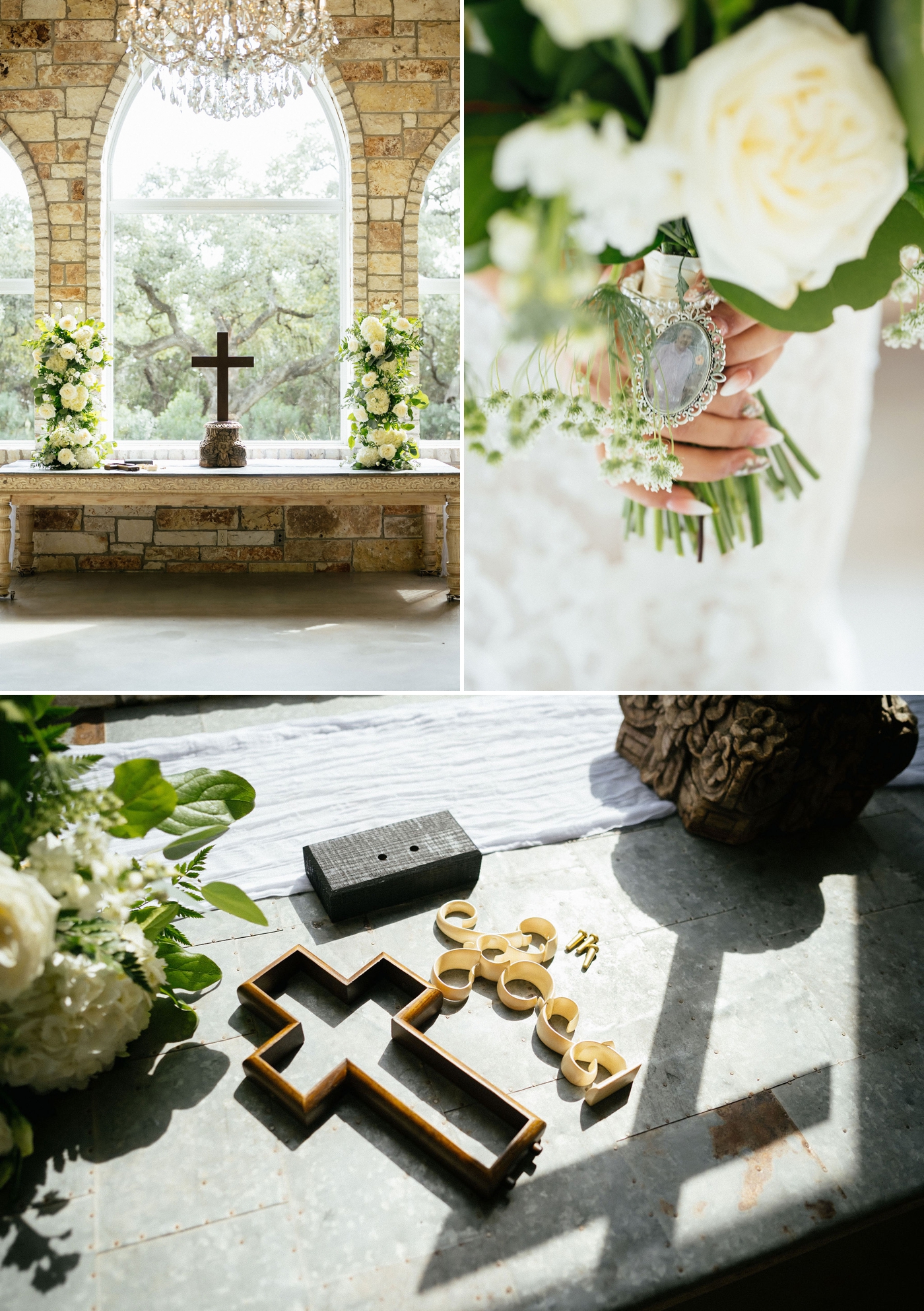 Cross and two medium sized floral arrangements on a stone altar 