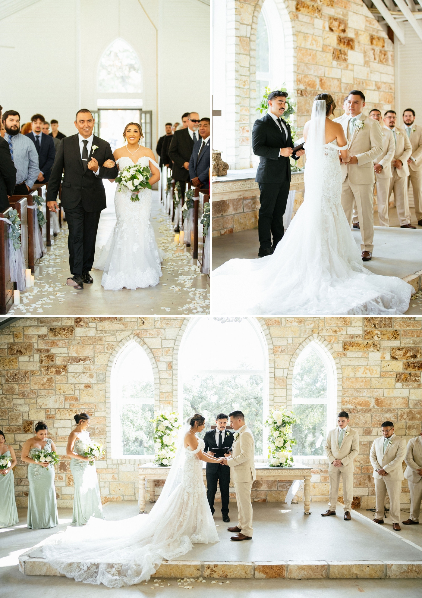 Bride and her dad walking down the aisle during wedding ceremony at Chandelier of Gruene