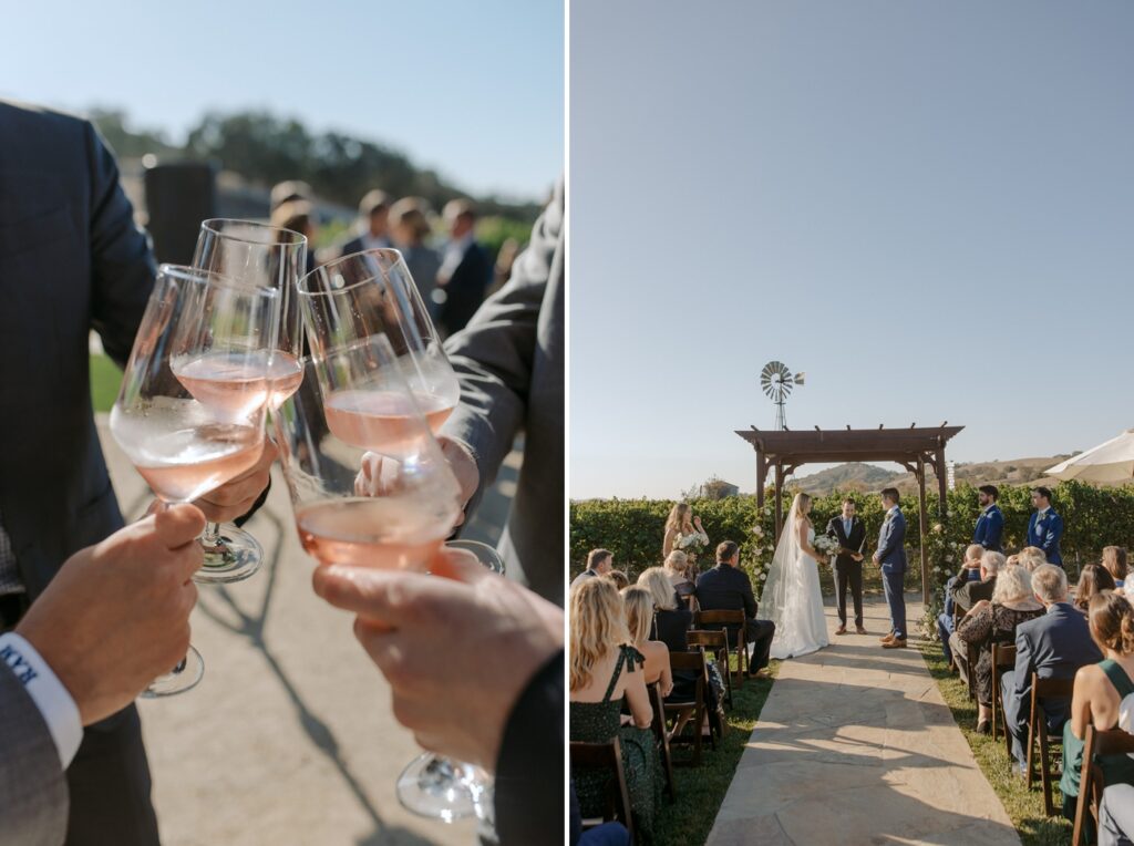 wedding photo of four men clicking glasses of rose wine