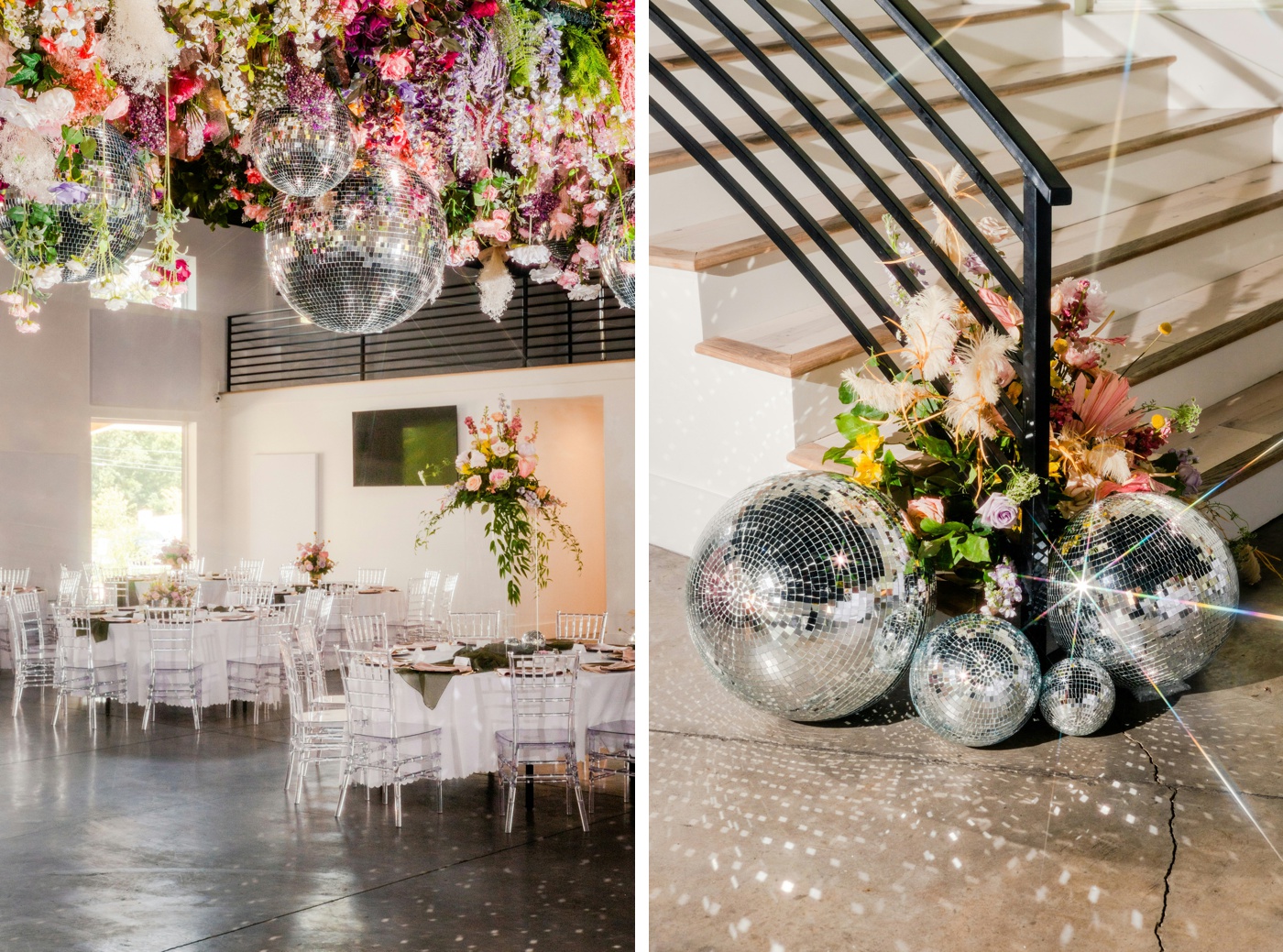 Disco ball wedding decor with pink flowers and dried elements