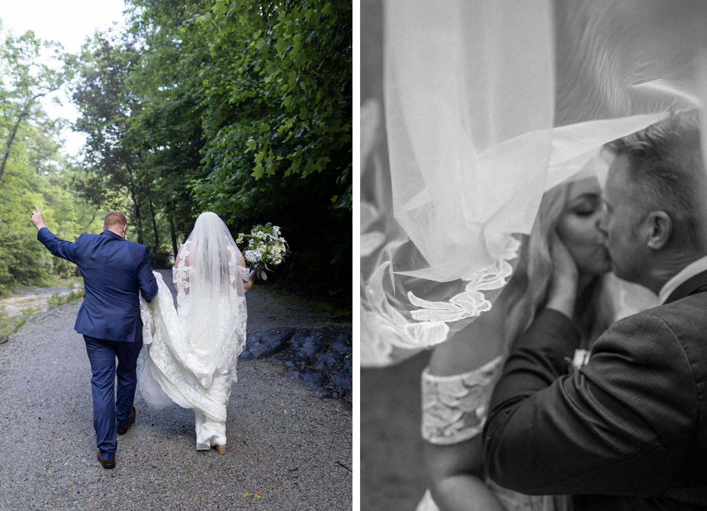 Groom kissing his bride underneath her veil