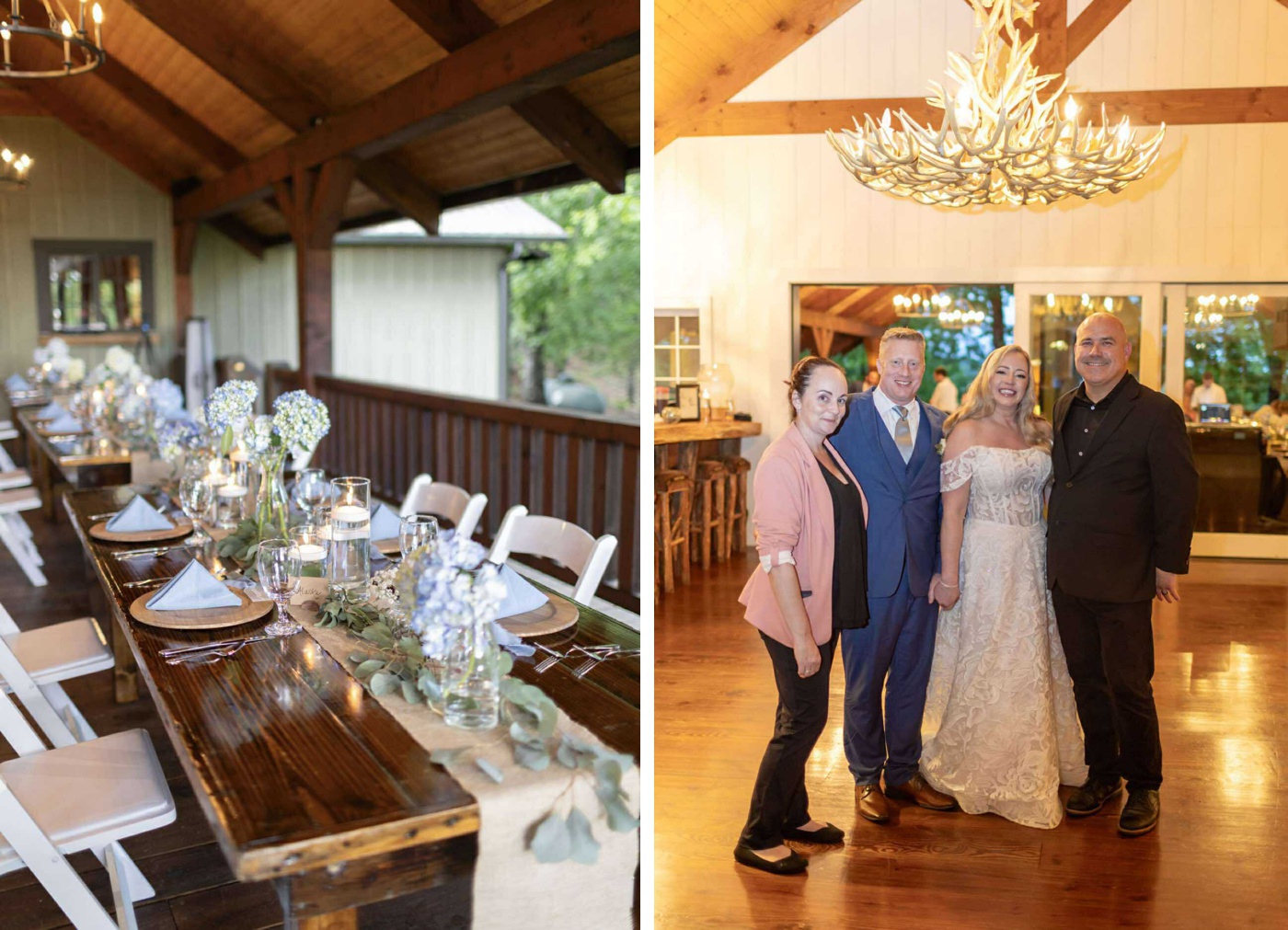 Table with a burlap runner, eucalyptus, blue hydrangeas, and floating candles for a Georgia wedding