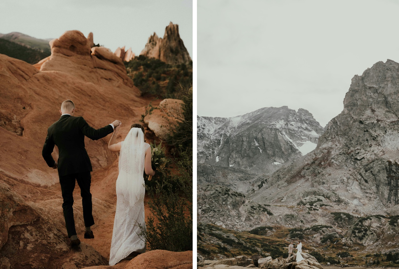 Bride and groom walking through a landscape with red rocks and snowy mountains