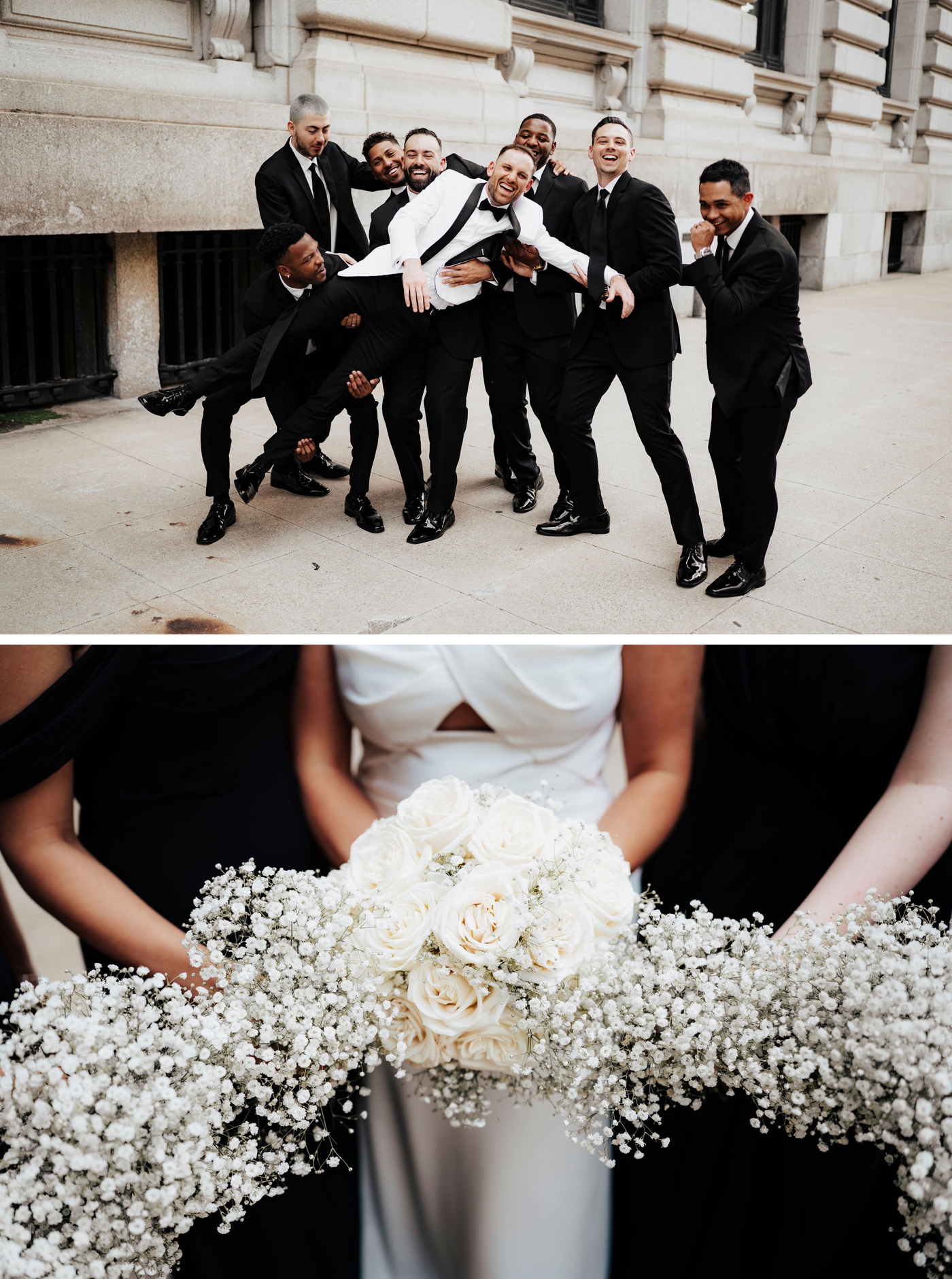 wedding party holding baby's breath bouquets