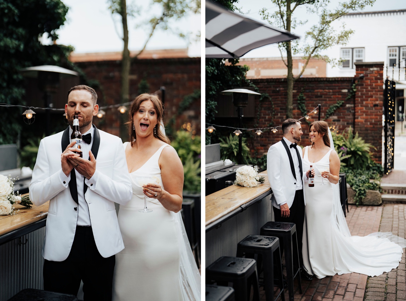 bride and groom with Miller Lite