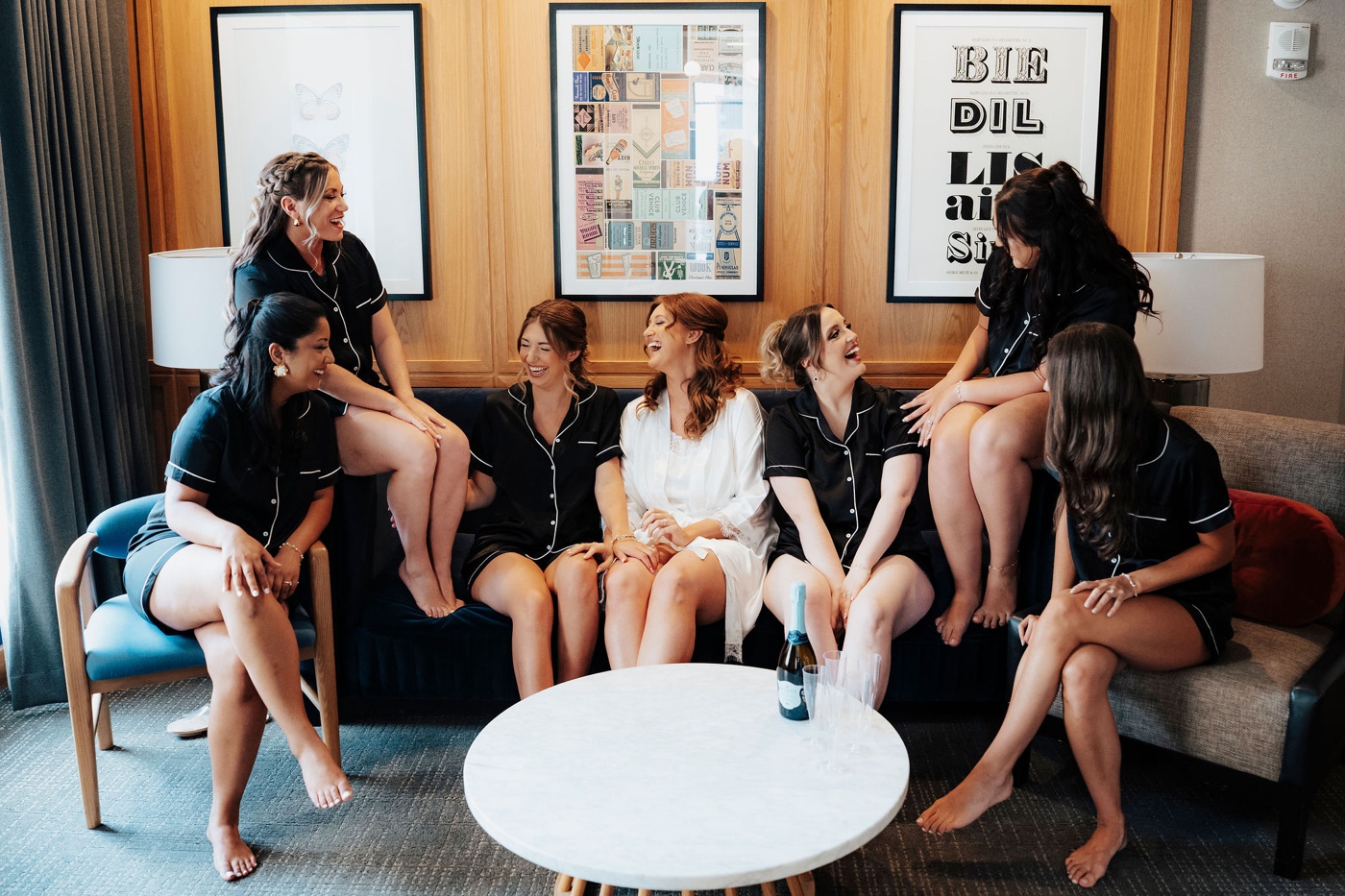 bridal party getting ready in matching pajamas