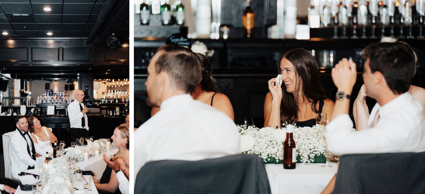wedding guests laughing during a toast